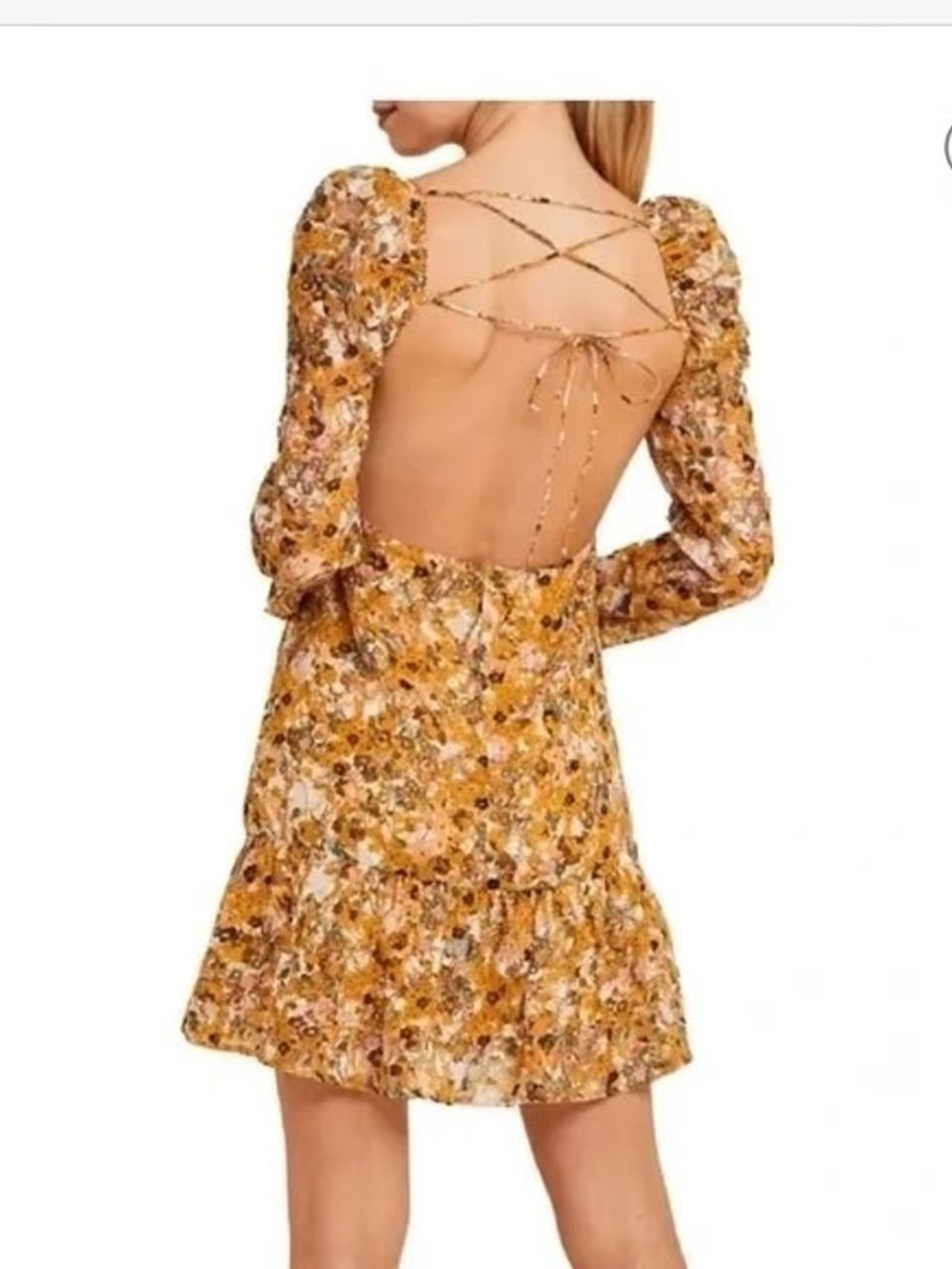 Lush Floral Lace-Up Back Mini Dress in Mustard Size M